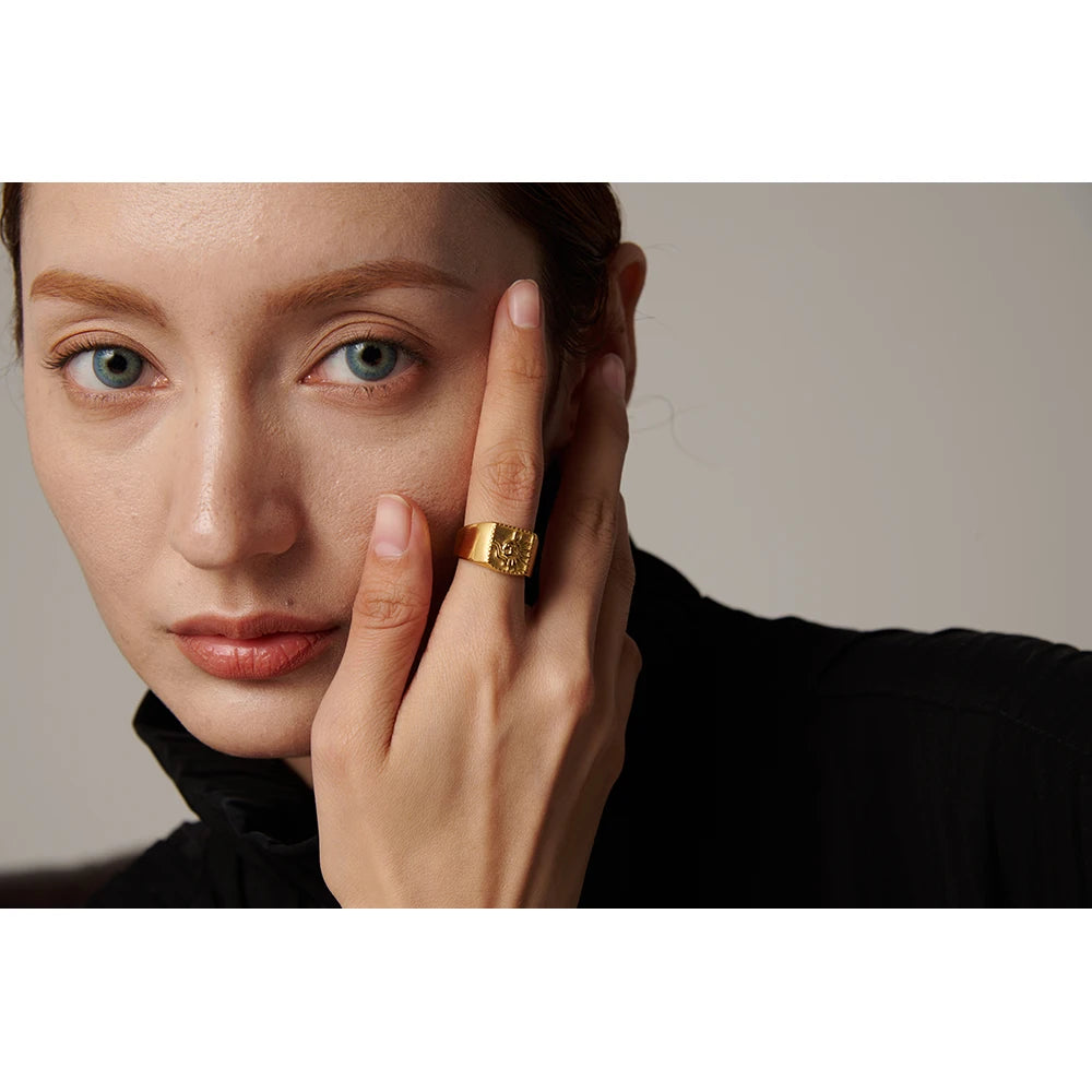 Yhpup Sun Abstract Ring Stainless Steel Golden Texture Metal Geometric