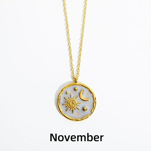 Zodiac Constellation Necklaces Vintage Moon Sun Crystal Birthstone Necklace for Women Stainless Steel