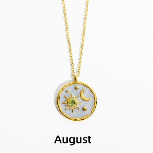 Zodiac Constellation Necklaces Vintage Moon Sun Crystal Birthstone Necklace for Women Stainless Steel