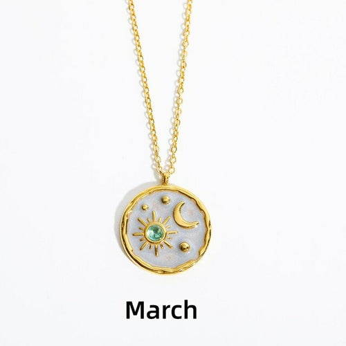 Zodiac Constellation Necklaces Vintage Moon Sun Crystal Birthstone Necklace for Women Stainless Steel