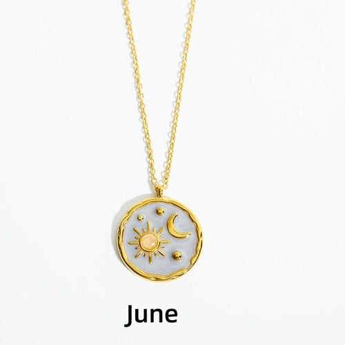 Zodiac Constellation Necklaces Vintage Moon Sun Crystal Birthstone Necklace for Women Stainless Steel