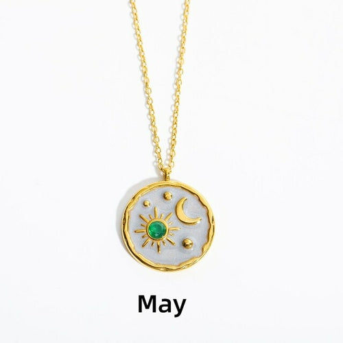 Zodiac Constellation Necklaces Vintage Moon Sun Crystal Birthstone Necklace for Women Stainless Steel