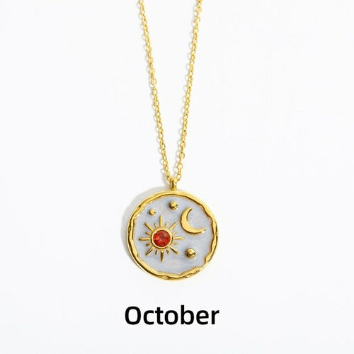 Zodiac Constellation Necklaces Vintage Moon Sun Crystal Birthstone Necklace for Women Stainless Steel