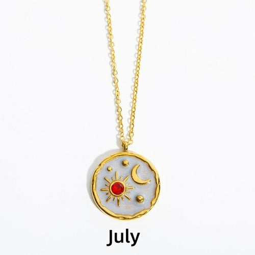 Zodiac Constellation Necklaces Vintage Moon Sun Crystal Birthstone Necklace for Women Stainless Steel