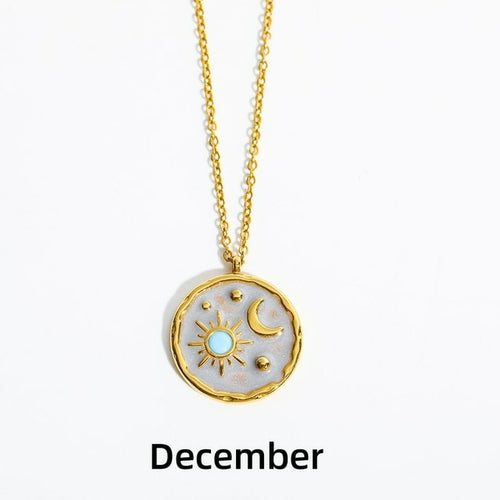 Zodiac Constellation Necklaces Vintage Moon Sun Crystal Birthstone Necklace for Women Stainless Steel