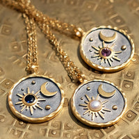 Zodiac Constellation Necklaces Vintage Moon Sun Crystal Birthstone Necklace for Women Stainless Steel