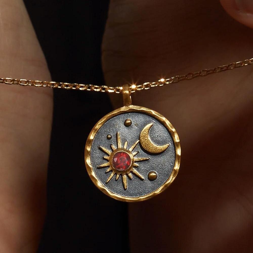 Zodiac Constellation Necklaces Vintage Moon Sun Crystal Birthstone Necklace for Women Stainless Steel