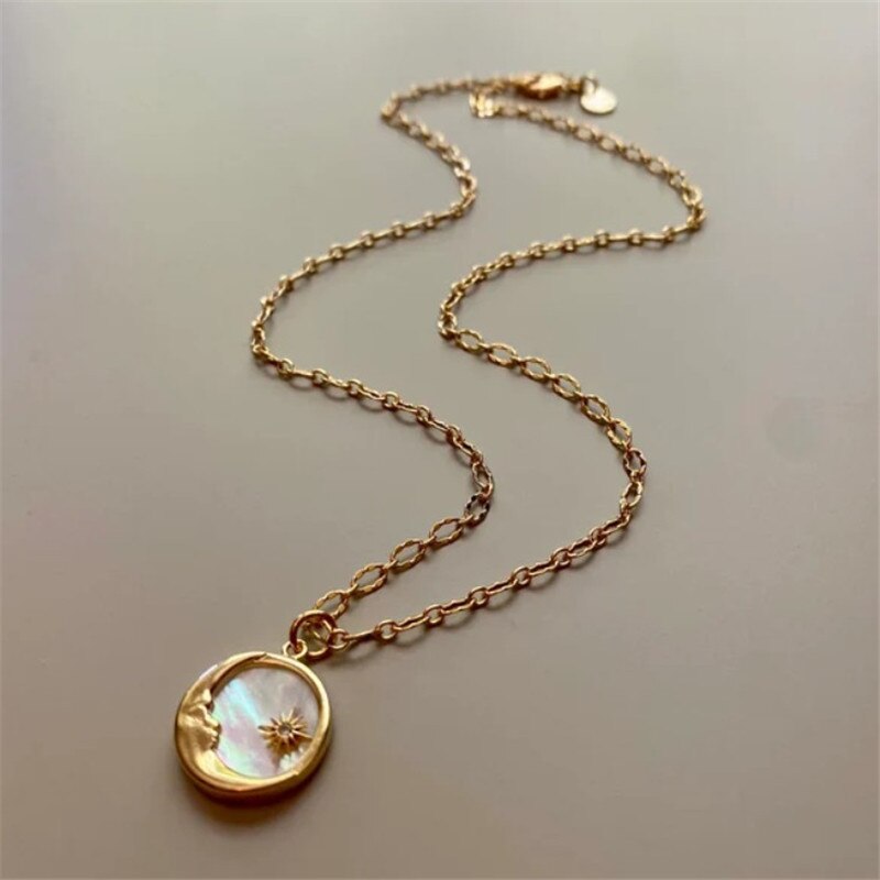 Vintage Sun And Moon Pendants Necklace White Shell Round Coin Waterproof Jewelry