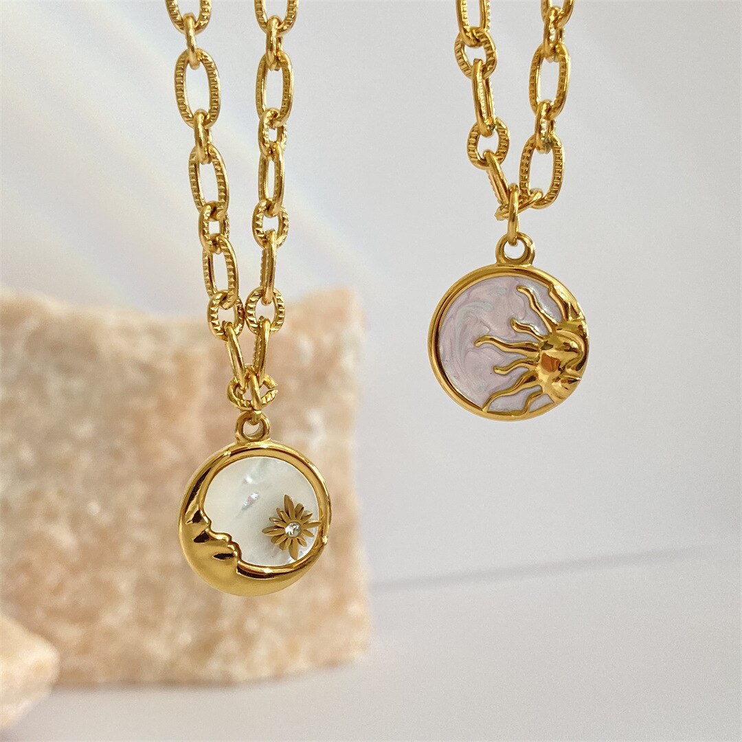 Vintage Sun And Moon Pendants Necklace White Shell Round Coin Waterproof Jewelry