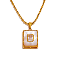 Yhpup Luxury Natural Shell Zircon Square Pendant Necklace Stainless