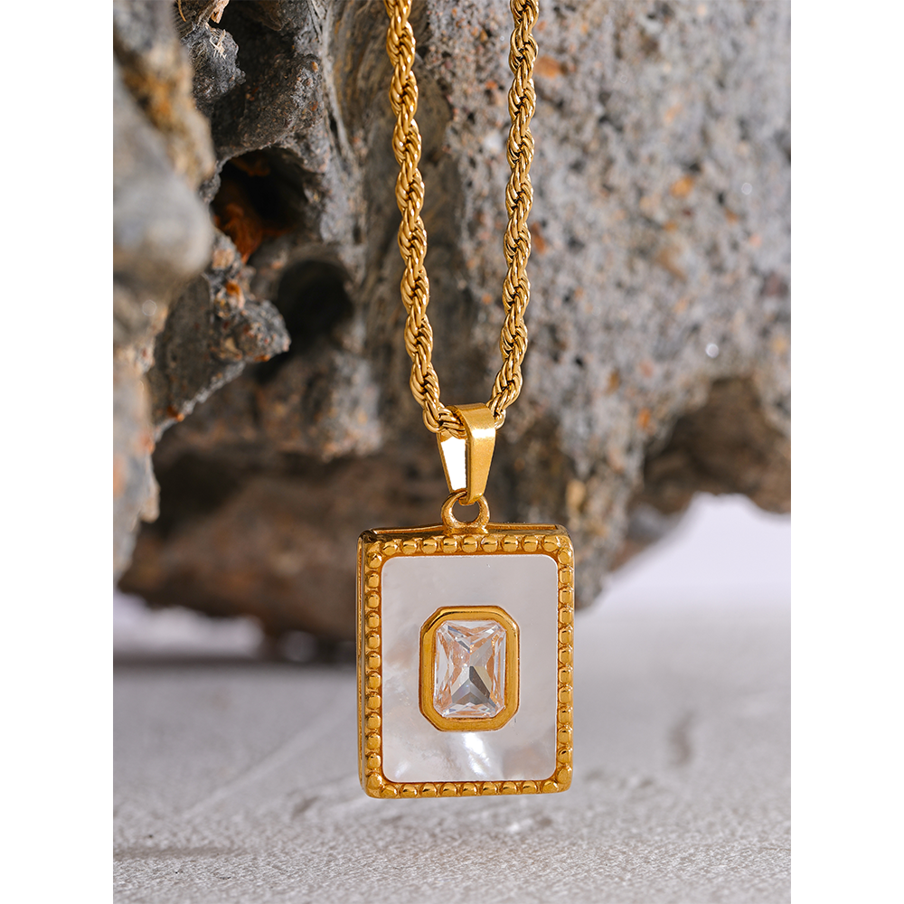 Yhpup Luxury Natural Shell Zircon Square Pendant Necklace Stainless
