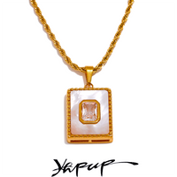Yhpup Luxury Natural Shell Zircon Square Pendant Necklace Stainless
