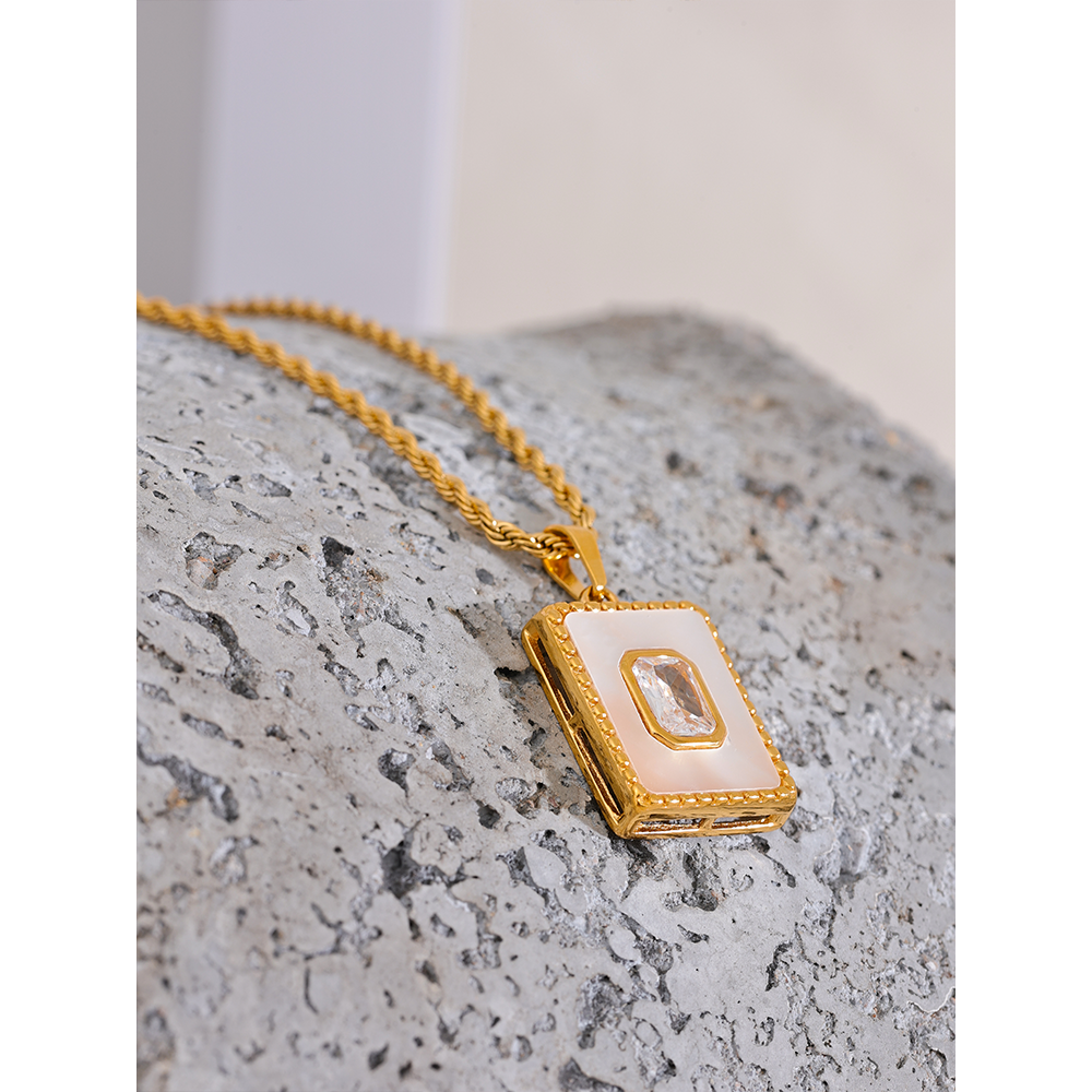 Yhpup Luxury Natural Shell Zircon Square Pendant Necklace Stainless