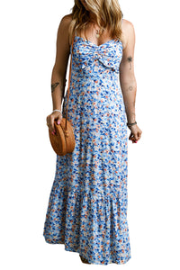 Sky Blue Floral Print Ruffled Ruched Maxi Dress