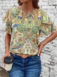 Printed Round Neck Short Sleeve Blouse Women's Top