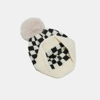 Checkered Knit Hat with Pompom