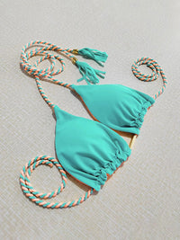 Color block Bikini Set Halter Neck Triangle and Tied Bottoms Two-Piece Nylon Luxury Swimsuit