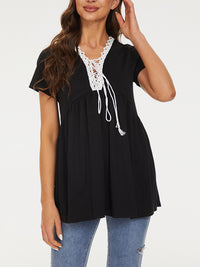 Lace Detail Tie Neck Short Sleeve T-Shirt