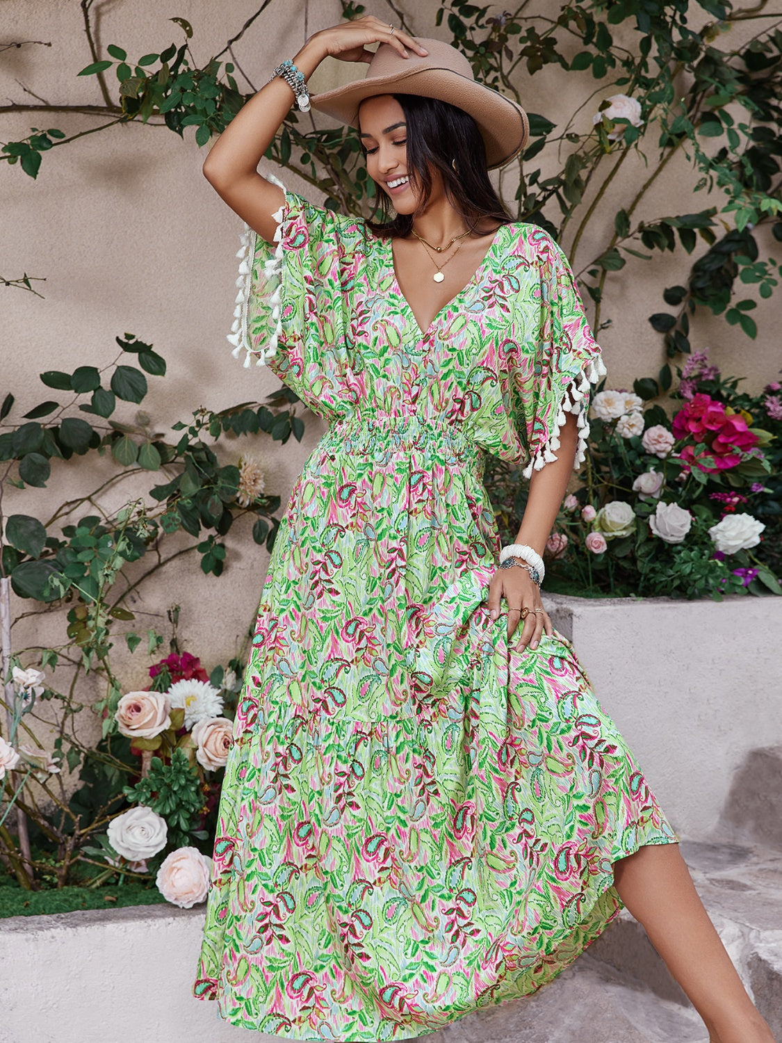 Smocked Floral V-Neck Short Sleeve Maxi Dress Women's Casual Day Dresses