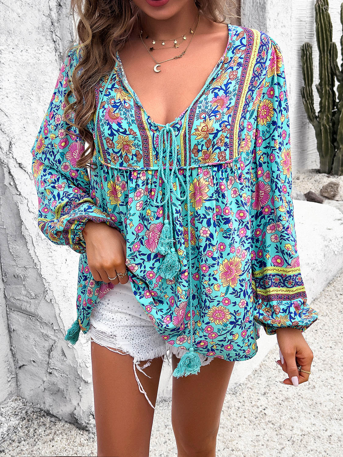 Boho Casual Loose Fit Shirt Printed Tie Neck Long Sleeve Blouse