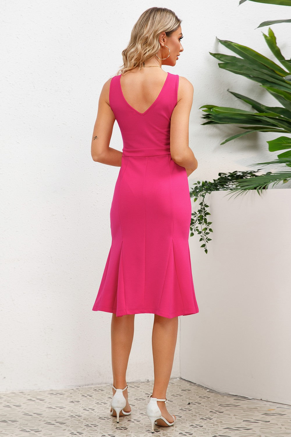 Feminine Solid Color Flare Dress Women's Elegant Wide Strap Wrap Fishtail Midi Dress