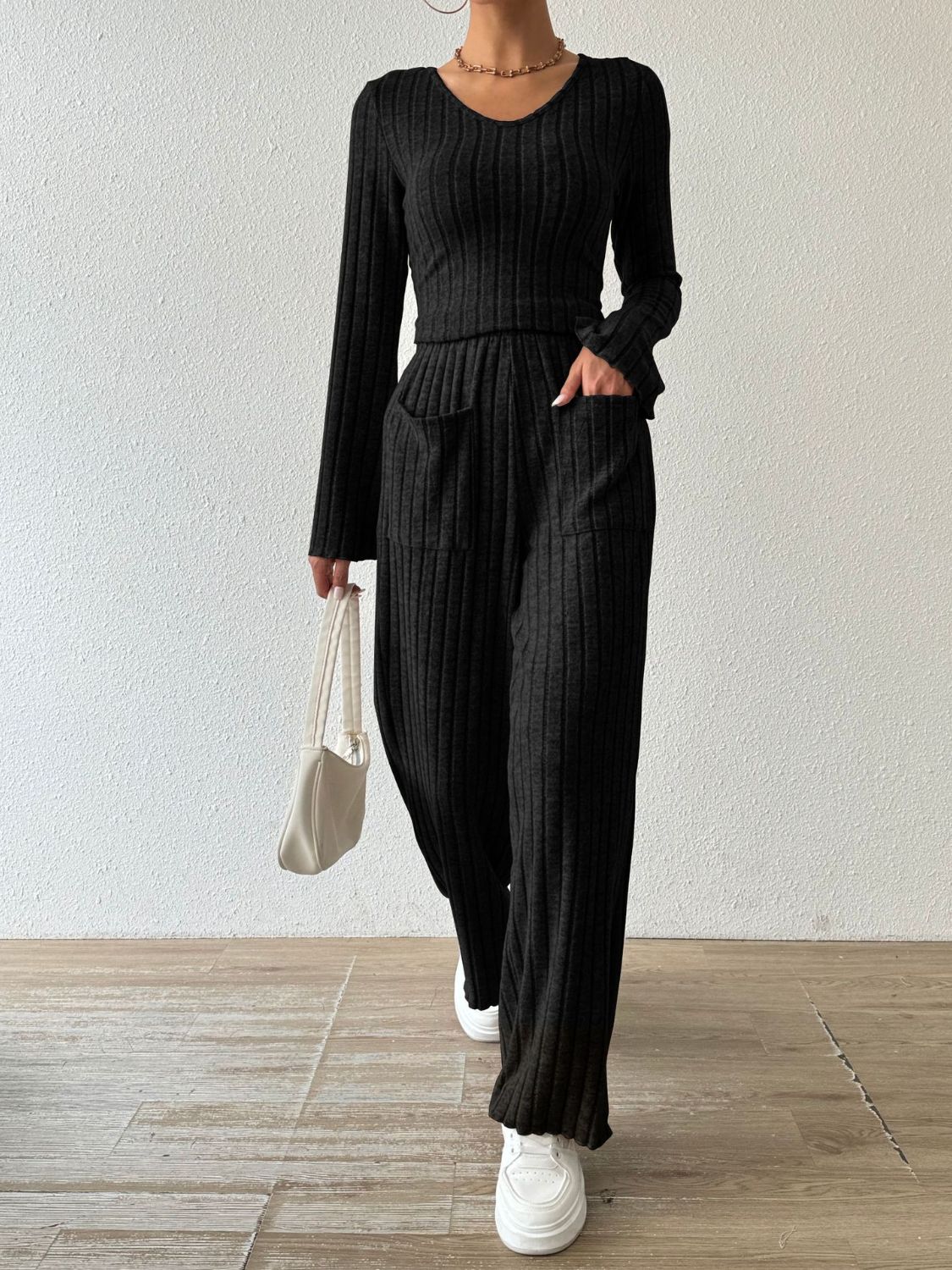 Ribbed V-Neck Long Sleeve Top and Pocketed Pants 2 Piece Set Women's Fashion