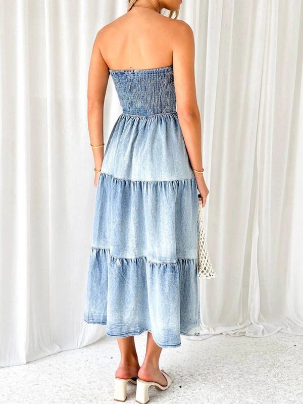 Denim Dress with ruffles and pockets Side Slit Smocked Tube Tiered Long Jean Dress