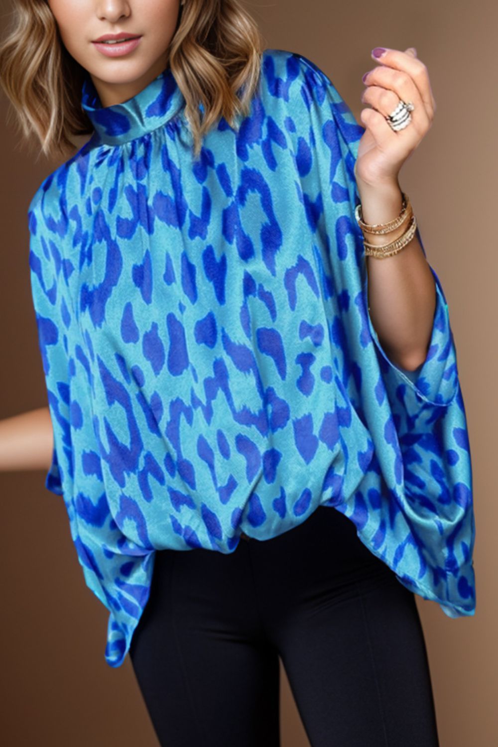 Animal Print Mock neck Shirt Women's Casual Blue Printed Turtleneck Half Sleeve Blouse