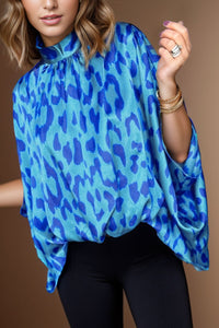Animal Print Mock neck Shirt Women's Casual Blue Printed Turtleneck Half Sleeve Blouse