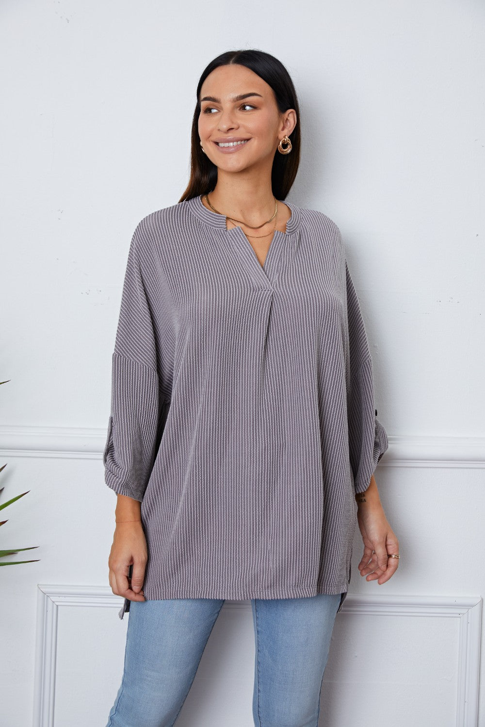 Grey Long Sleeve Shirt Women's Fashion Notched Roll-Tab Sleeve Casual Blouse