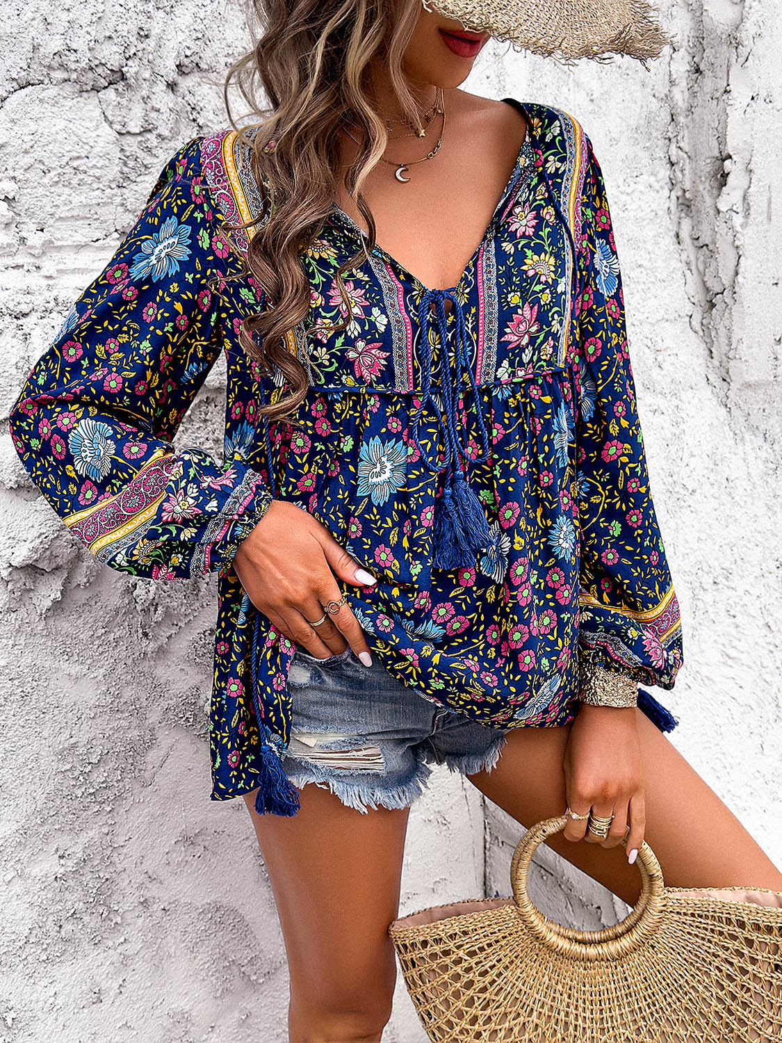 Boho Casual Loose Fit Shirt Printed Tie Neck Long Sleeve Blouse