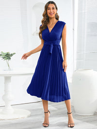 V Neck Short Sleeve Tied Surplice Pleated Tank Dress Professional and Casual-wear Fashion