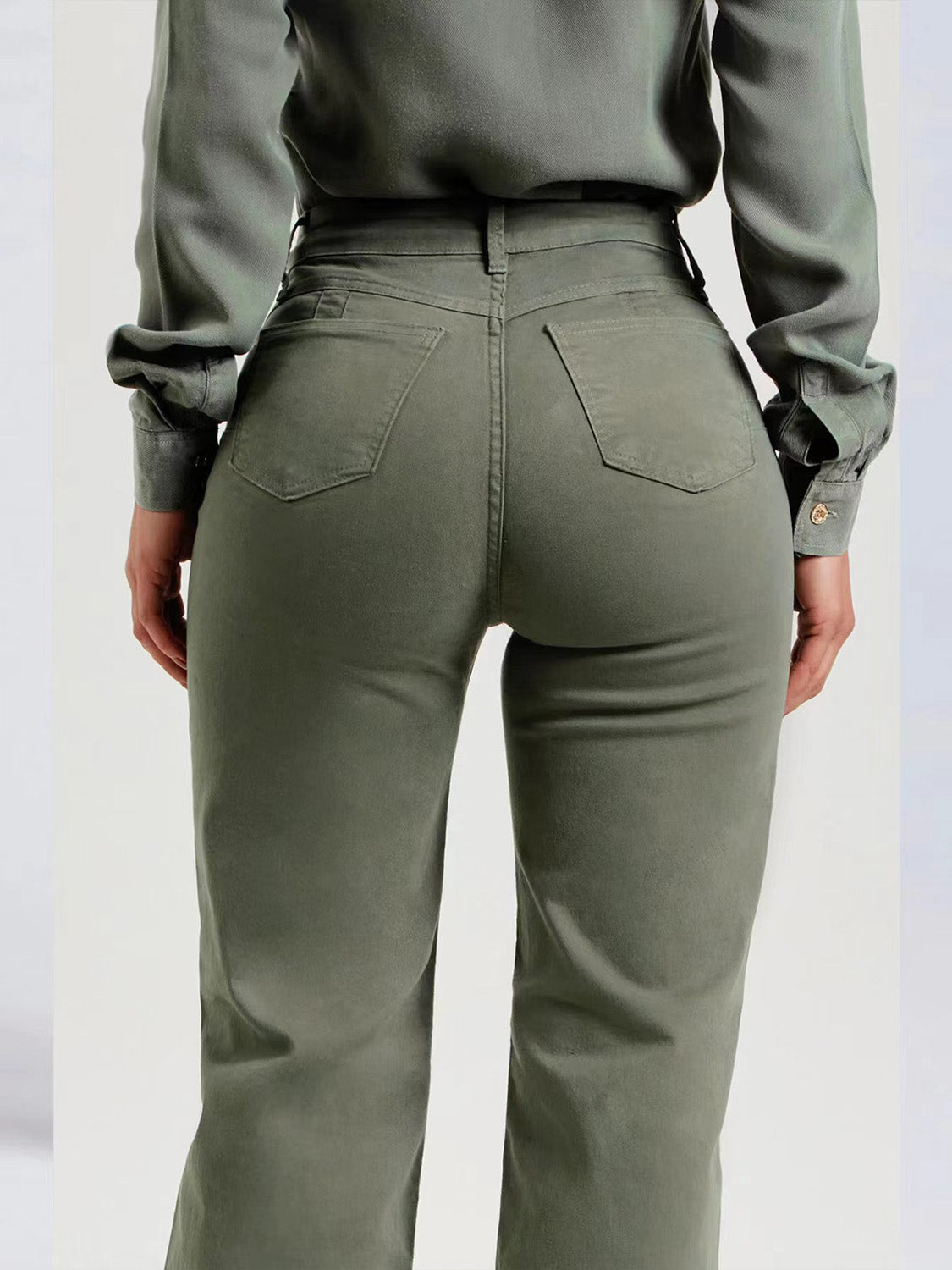 Army Green High Waist Buttoned Raw Hem Jeans with Pockets Premium Luxury Women's Fashion n