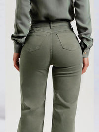 Army Green High Waist Buttoned Raw Hem Jeans with Pockets Premium Luxury Women's Fashion n