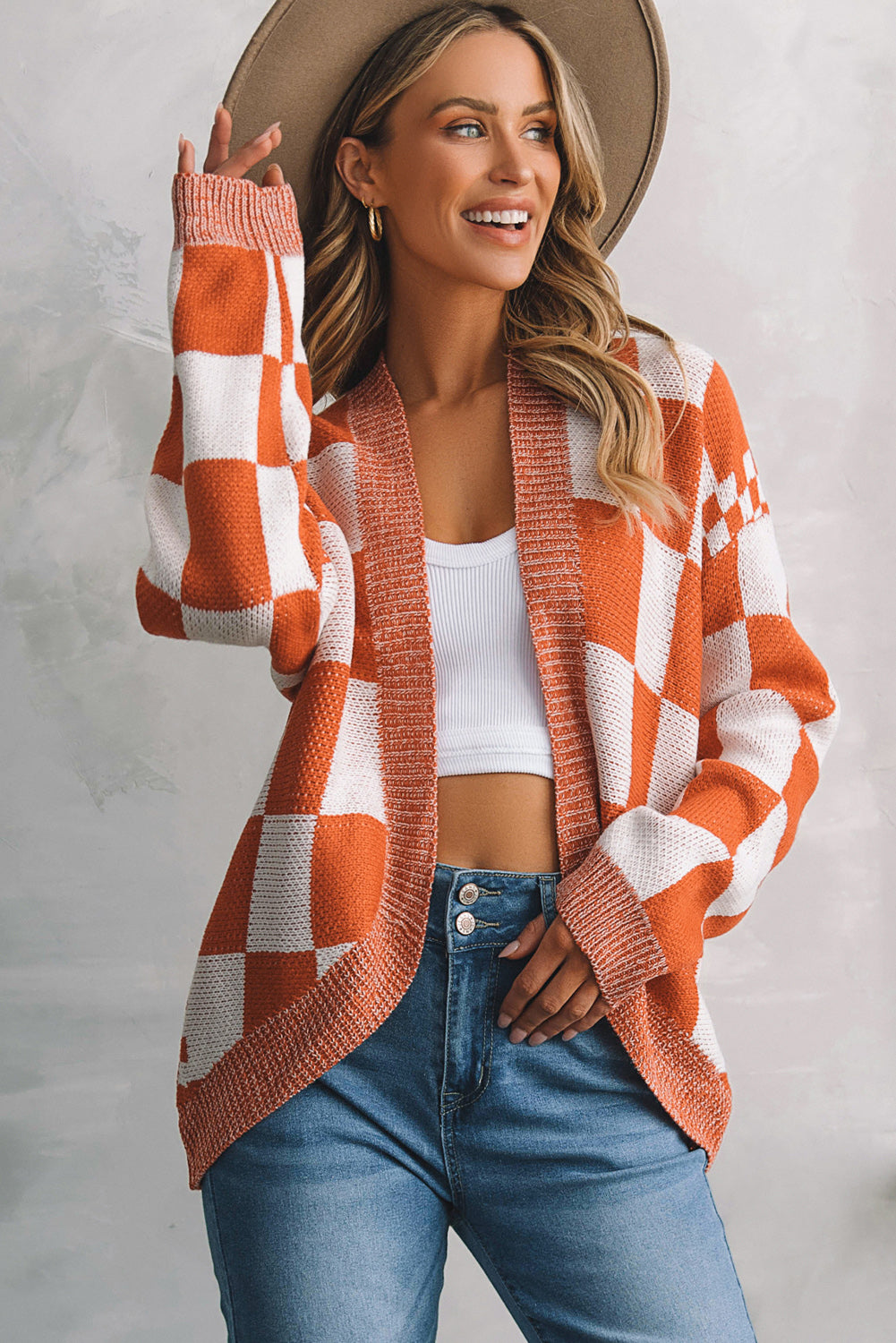 Cardigan Plaid Checkered Open Front Dropped Shoulder Sweater KESLEY