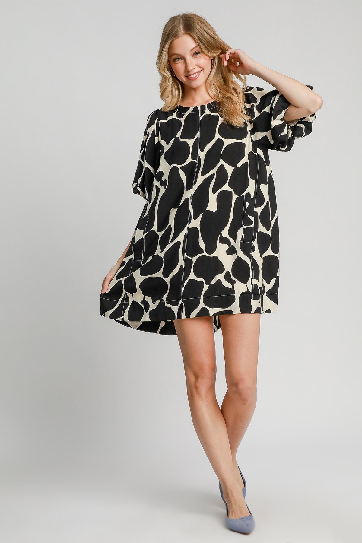 Umgee Full Size Two Tone Abstract Print Puff Sleeve Dress Plus Size