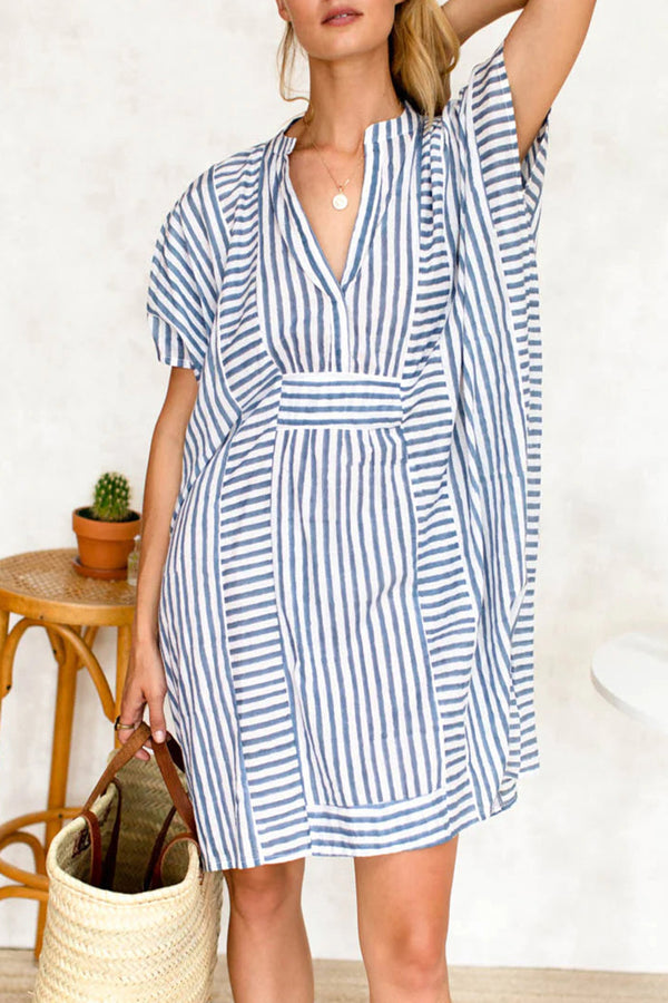 Striped Notched Short Sleeve Tunic Mini Dress 100% Cotton Women's Casual Beach Summer Dress
