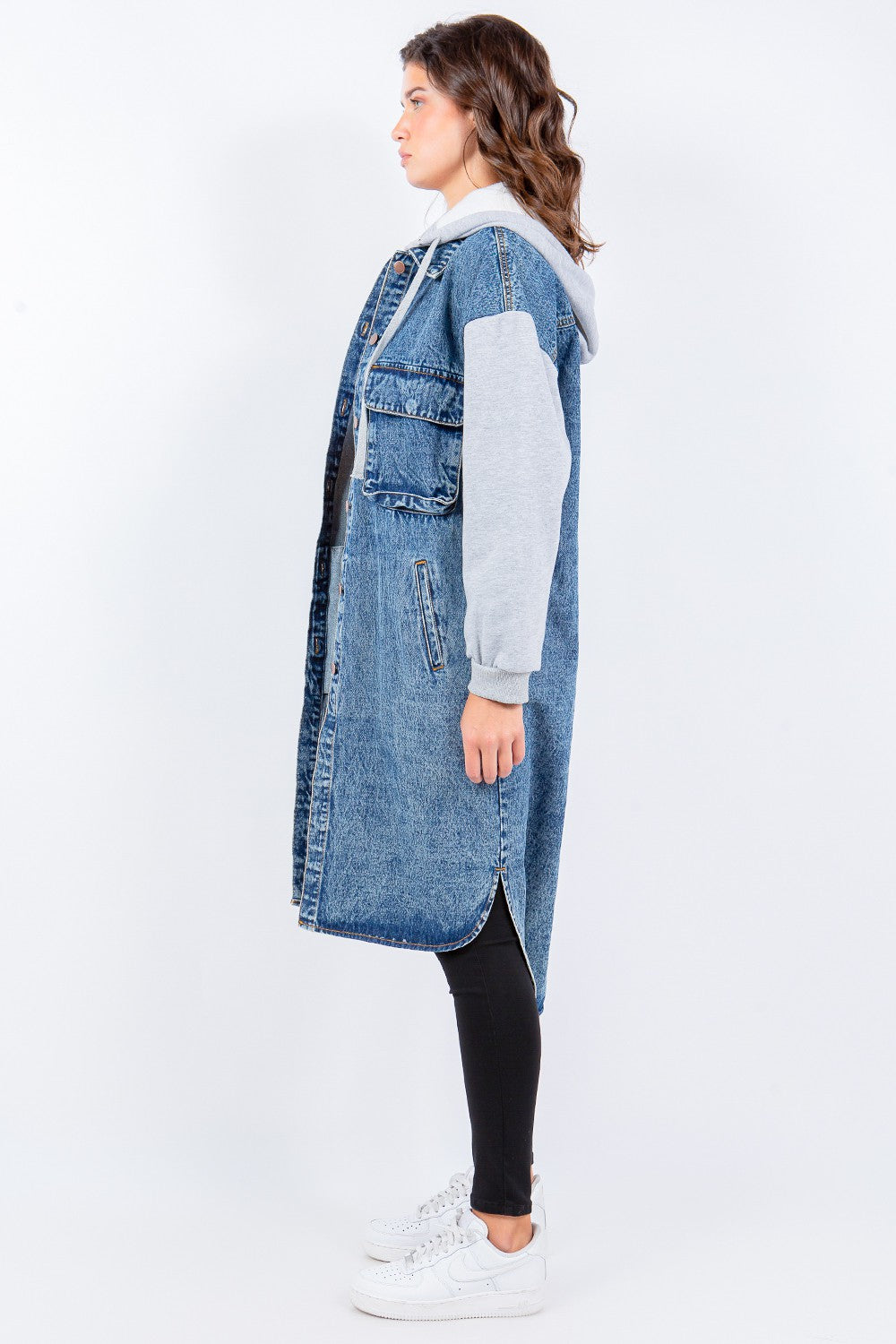 Hooded Denim Jacket Contrast Longline Maxi Light Long Cotton Jean Jackets New Women's Fahsion