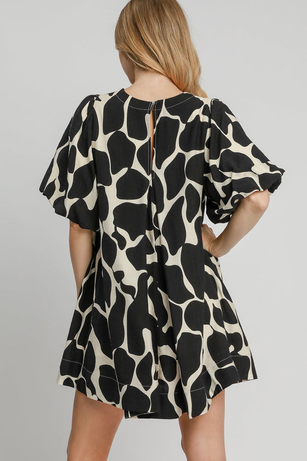 Umgee Full Size Two Tone Abstract Print Puff Sleeve Dress Plus Size