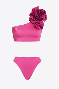 Bikini Set Pink Flower Detail One Shoulder Sleeve Top and High Waist Bottoms Women's Swimsuits