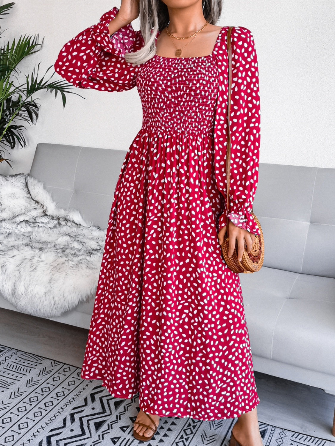 Casual Maxi Dress Smocked Square Neck Flounce Sleeves Women's Fashion