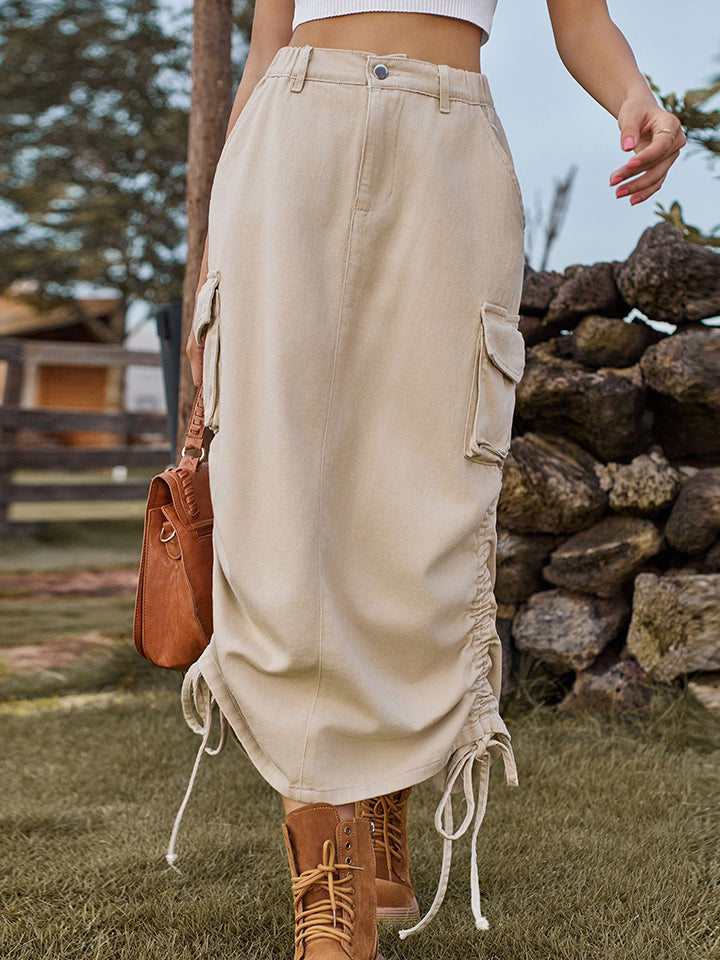 Cargo Maxi Skirt Drawstring Denim Skirt with Pockets