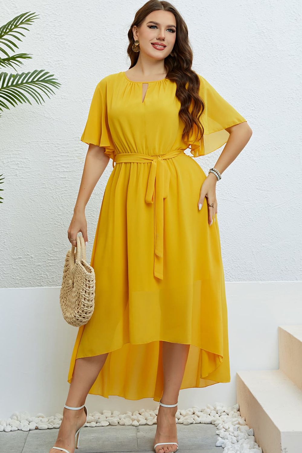 Belted Flutter Sleeve High-Low Dress Plus Size Casual Yellow Midi Dress