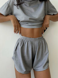 Striped Round Neck Top and Shorts Set Loungewear Two Piece Outfit Set Cotton Luxury Premium Fashion