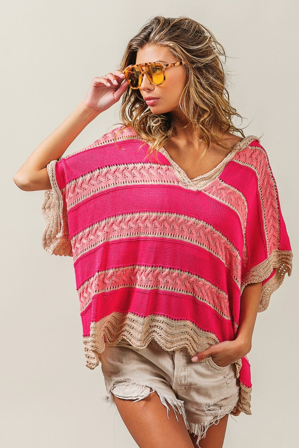 Pink Stripe Short Sleeve Sweater with Hood Women's Casual  Multi Color Stripe Hooded Knit Top