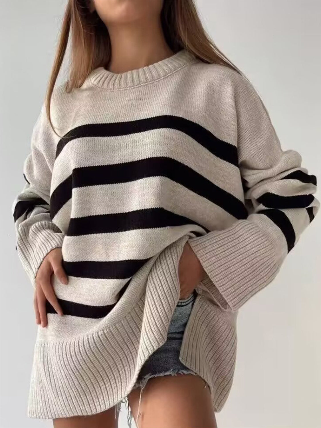 Slit Striped Round Neck Sweater New Women's Fashion