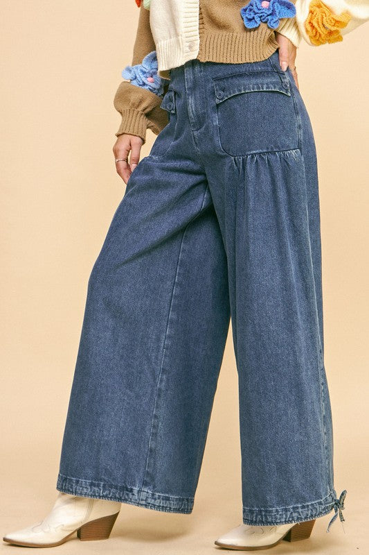 Davi & Dani Drawstring Hem Wide Leg Mid Rise Jeans