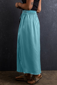 Satin Skirt Casual Peacock Blue Drawstring Split Side Flowy Long Skirt
