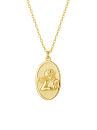 Angel Necklace, 18k Gold Plated, .925 Sterling Silver Carved Angel Outline Oval Vintage Style Hypoallergenic Necklace