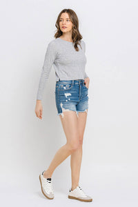 KESLEY Distressed Raw Hem Denim Shorts